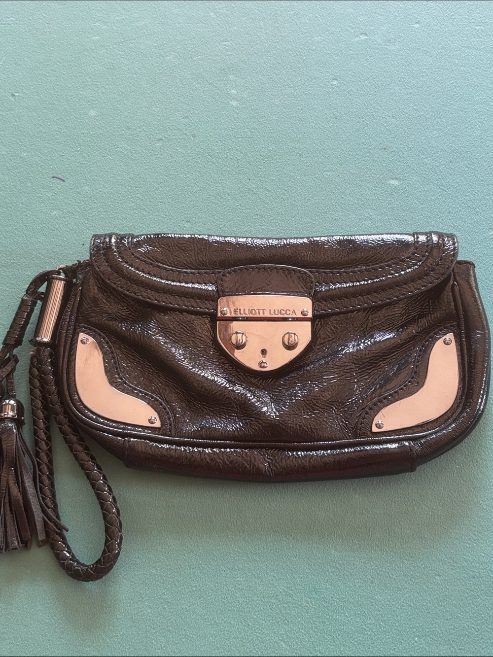 Elliott Lucca black genuine leather wristlet clutch